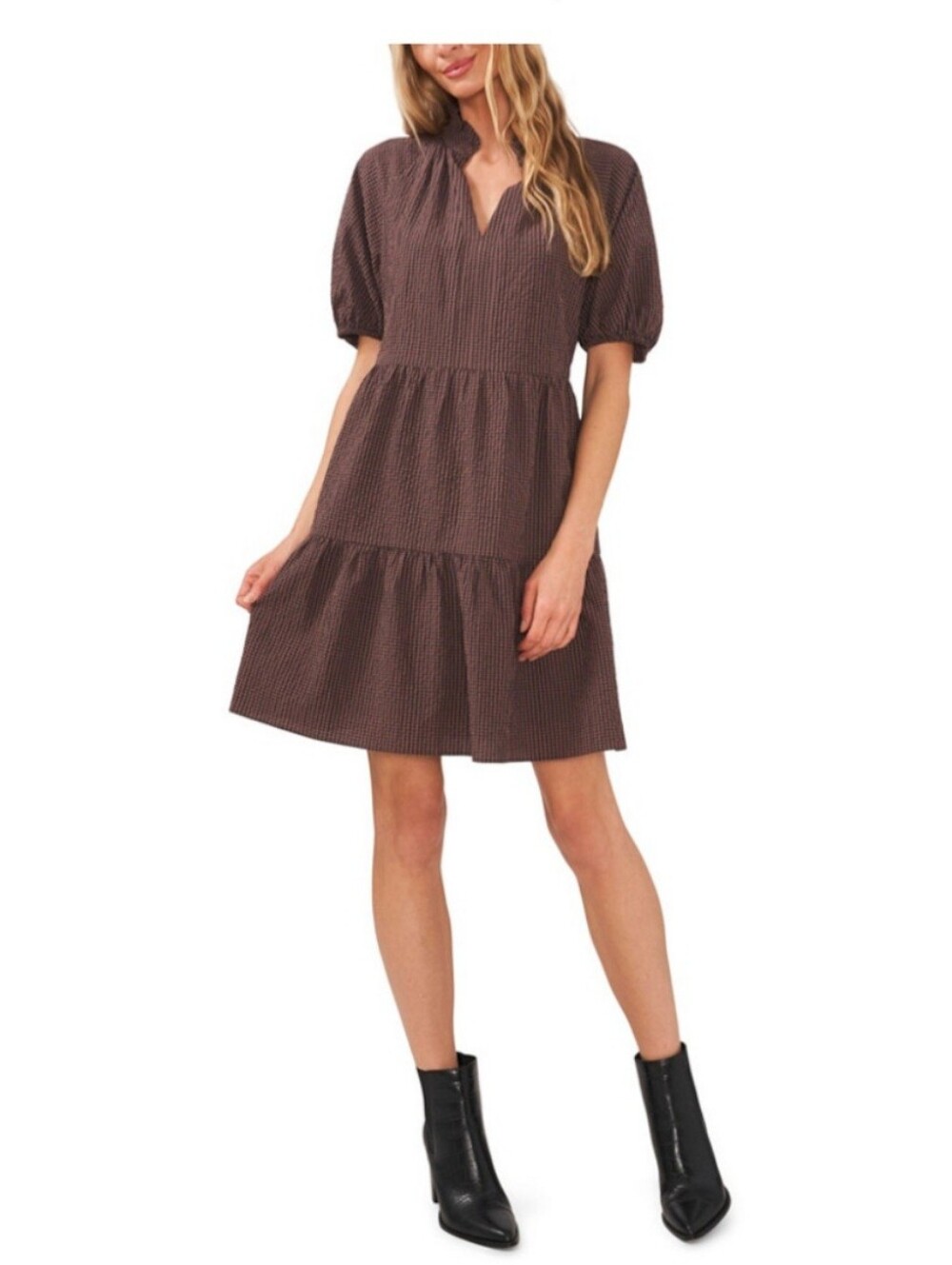 CeCe Brown Checked Tiered Dress with Ruffle Neck